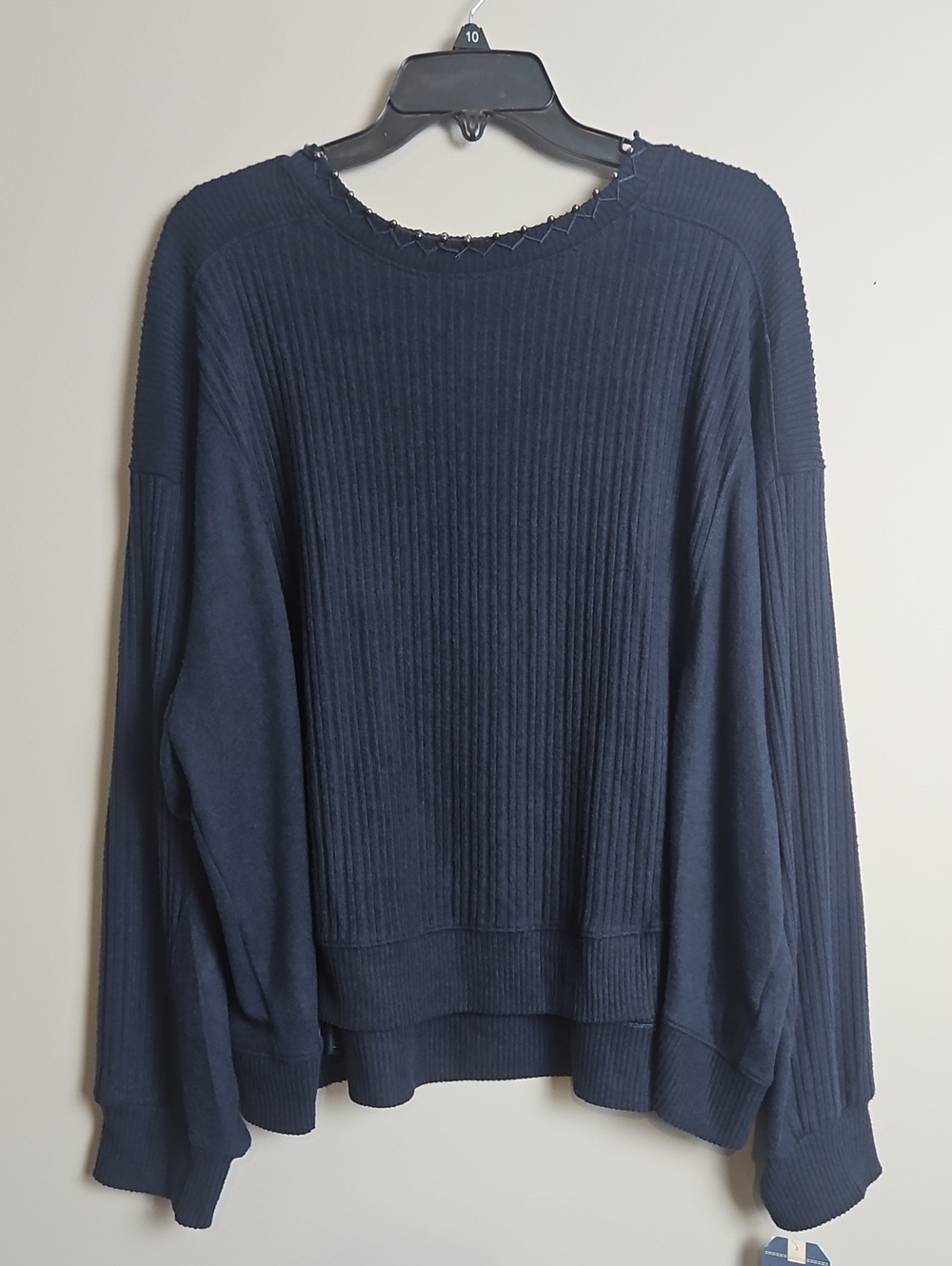 Democracy Long Sleeve Pearl CrewNeck Detail Top: Color- Heather Blue: Size- 3X